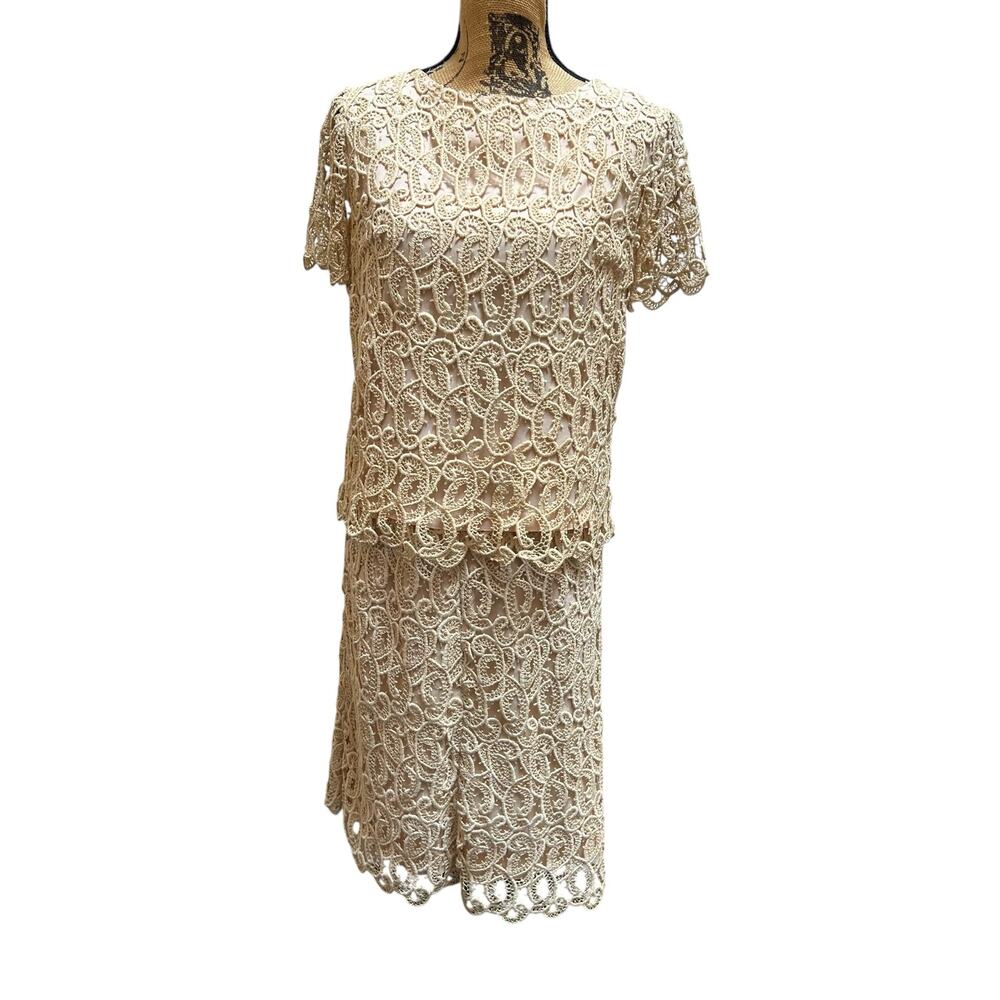 Patty Woodard Beige Crochet Lace Two Piece Skirt Suit Women’s Size 12 Vintage